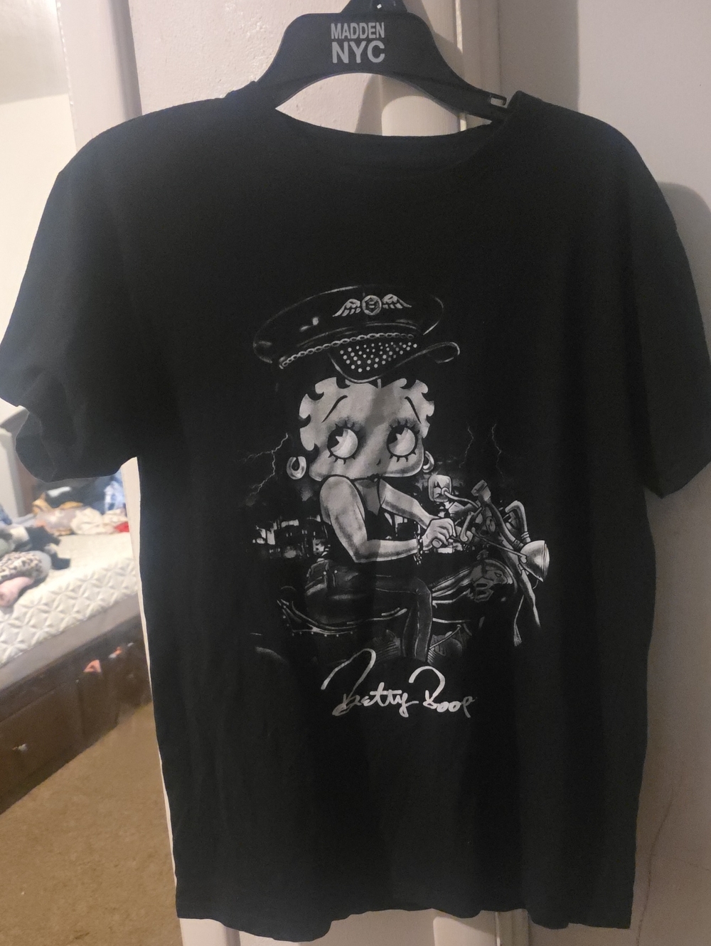 Betty Boop Black Graphic Tee with Motorcycle Design